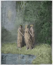 Purgatorio, Canto 29 : Charity, Hope, and Faith, illustration ur Den gudomliga komedin av Dante Alighieri, 1885 (digitalt färgat gravyr)