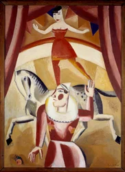 Circus III En akrobat Ecuyere i balans på en häst och en clown på en cirkusbana som visar show. Målning av Gustave de Smet (1877-1943) 1926 sön. 1,3x1,1 m Grenoble, Musee des Beaux Arts Observera! Användning av detta verk kan vara föremål för en tredje par