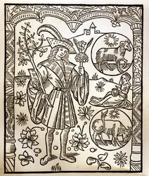 Herdekalender - Månadernas arbete - April - Träsnitt från boken från 1496 tryckt av Guy Marchant (Guido Mercator) i Troyes - Trästick i "Le grand Calendrier et compost des shepherds" -