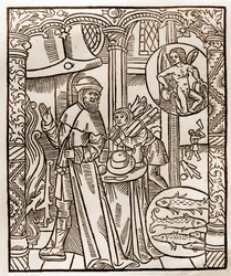 Herdekalender - Månadernas arbete - Februari - Träsnitt från boken från 1496 tryckt av Guy Marchant (Guido Mercator) i Troyes - Trästick i "" Le grand Calendrier et compost des shepherds"" -