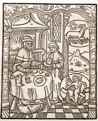 Herdekalender - Månadernas arbete - Januari - Träsnitt från boken från 1496 tryckt av Guy Marchant (Guido Mercator) i Troyes - Trästick i "Le grand Calendrier et compost des shepherds" -