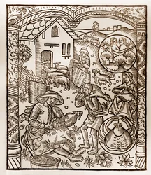 Herdekalender - Månadernas arbete - Juni - Träsnitt från 1496 års bok tryckt av Guy Marchant (Guido Mercator) i Troyes - Trästick i "Le grand Calendrier et compost des shepherds"" -