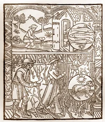 Herdekalender - Månadernas arbete - Mars - Träsnitt från 1496 års bok tryckt av Guy Marchant (Guido Mercator) i Troyes - Trästick i "Le grand Calendrier et compost des shepherds" -