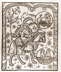 Herdekalender - Månadernas arbete - Maj - Träsnitt från boken från 1496 tryckt av Guy Marchant (Guido Mercator) i Troyes - Trästick i "Le grand Calendrier et compost des shepherds" -