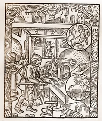 Herdekalender - Månadernas arbete - November - Träsnitt från boken från 1496 tryckt av Guy Marchant (Guido Mercator) i Troyes - Trästick i "" Le grand Calendrier et compost des shepherds"" - Brödugn -