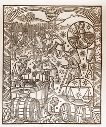 Herdekalender - Månadernas arbete - Oktober - Träsnitt från boken från 1496 tryckt av Guy Marchant (Guido Mercator) i Troyes - Trästick i "" Le grand Calendrier et compost des shepherds"" - Skörden - och tecknen på zodiaken: den