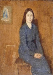En sittande flicka i en prickig blå klänning, 1914-15