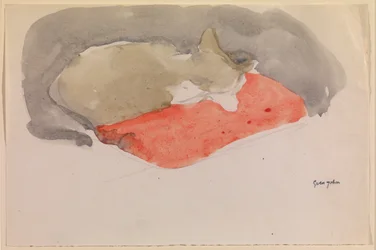 Katt som sover på en röd kudde (gouache och penna på papper)