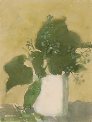 Gröna blad i en vit kanna (akvarell, gouache och blyerts på papper)