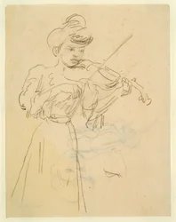 Kvinna som står och spelar violin (blyerts på papper)