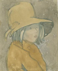 Ung flicka i brun hatt och kappa (akvarell på papper)