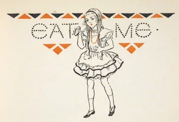 Illustration av Alice med en liten tårta med texten "Eat Me".