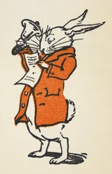 Illustration av den vita kaninen i röd jacka som ringer i en stor klocka och läser