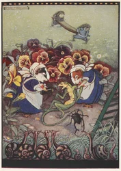 Illustration av två marsvin klädda i städerskekläder som tar hand om en ödla medan två igelkottar bär en bår i bakgrunden för att hjälpa honom.