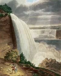 Niagarafallen, del av det amerikanska fallet från trappans fot, graverad av J. Hill, utgiven av H.L.Megarcy (färggravyr)