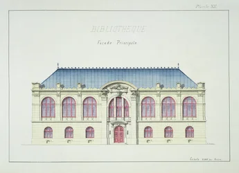 Huvudfasad av ett bibliotek, plåt XII från en folio av mönster, c.1870