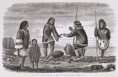 Tuski och Mahlemuts Trading for Oil, från "Alaska och dess resurser", av William H. Dall, graverad av John Andrew, pub. 1870