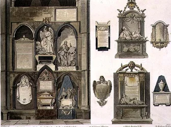 West Side of Poets Corner, skylt 25 från Westminster Abbey, graverad av puben J. Bluck (fl.1791-1831). av Rudolph Ackermann (1764-1834) 1811 (akvatint)