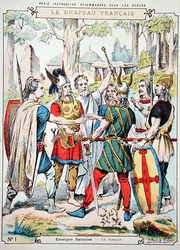 Galliska krigare som svär en ed, från ett skyddsfodral för skolböcker, sent 1800-tal (färg litho)