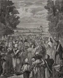 Kvinnornas marsch mot Versailles, 5-6 oktober 1789, graverad av Pannemaker-Ligny, från 