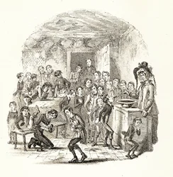 Mrs Squeers, ur "Nicholas Nickelby" av Charles Dickens, ca 1838-39 (tryck)