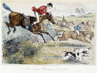 Jaktscen, engelsk tecknad film om rävjakt, hämtad från Thomas Scotts "" äventyr, eller Hawbuck Grange", illustration av H.K. Browne och W.T. Maud.