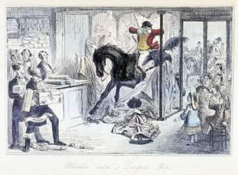 Hästjägare råkar komma in i en tygaffär. Engelsk tecknad serie om jakt hämtar från "" äventyr av Thomas Scott eller Hawbuck Grange"" illustration av H.K. Browne och W.T. Maud.