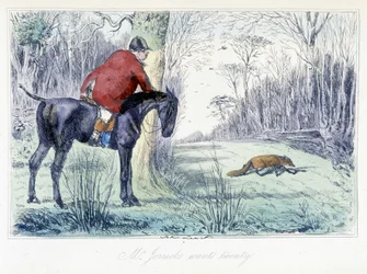 Hästjaktscen. Engelsk tecknad film om rävjakt från "" Adventures of Thomas Scott or Hawbuck Grange"" illustration av H.K. Browne och W.T. Maud.