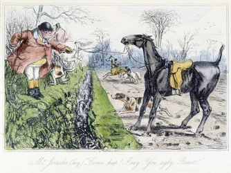 Hästjaktscen. Engelsk tecknad film om rävjakt från Thomas Scotts eller Hawbuck Granges "" äventyr", illustration av H.K. Browne och W.T. Maud.