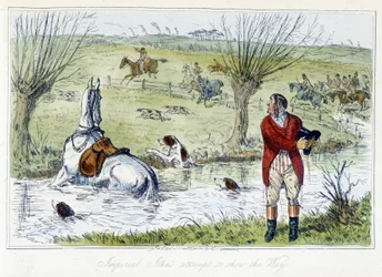 Hunter och hans häst faller på en vattengård. Engelsk karikatyr på rävjakten från "Thomas Scotts eller Hawbuck Granges äventyr", illustration av H.K. Browne och W.T. Maud.