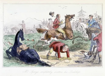 Hunter faller från sin häst. Engelsk tecknad film från Thomas Scotts eller Hawbuck Granges äventyr”, illustration av H.K. Browne och W.T. Maud.