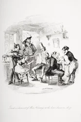 Stor spänning hos Miss Kenwigs i frisörbutiken, illustration från `Nicholas Nickleby