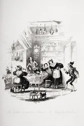 Job Trotter möter Sam i Mr. Muzzles kök, illustration från `The Pickwick Papers