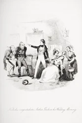 Nicholas gratulerar Arthur Gride till hans bröllopsmorgon, illustration från `Nicholas Nickleby