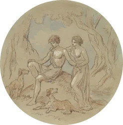 En av arton mönster för en serie plattor som illustrerar Venus och Adonis