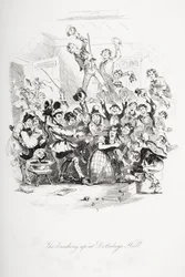 "Uppbrytningen" i Dotheboys Hall, illustration från "Nicholas Nickleby" av Charles Dickens (1812-70) publicerad 1839
