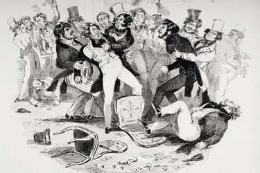 Det sista slagsmålet mellan Sir Mulberry och hans elev, illustration ur "Nicholas Nickleby" av Charles Dickens (1812-70), publicerad 1839 (litografi) (se även 249150)