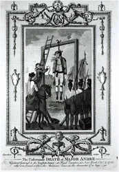 Den olyckliga döden av major Andre, generaladjutant till den engelska armén, vid högkvarteret i New York, 2 oktober 1780, graverad av John Goldar (1729-1795)