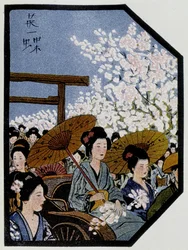 Kvinnor med paraplyer i en rickshaw i Japan - i "" japanska dockor"" av Félicien Champsaur, ill. av Hanafusa Itcho