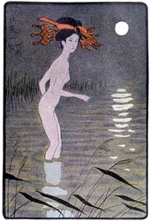 Ung japan som badar i en damm i månsken - i ”Japanese Doll” av Félicien Champsaur, illustration av Hanabusa Itchō, Paris