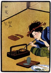 Ung japan väntar på besök medan de röker opium - i "" japansk docka"" av Félicien Champsaur, ill. Hanafusa Itcho, Paris