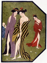 Unga japanska kvinnor som lämnar badet - i ”Japansk docka” av Félicien Champsaur, illustrationer av Hanabusa Itcho, Paris
