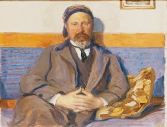 Ett porträtt av konstnärens make George Pauli sittande på en soffa,