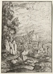 Landskap med en väg till ett slott på en ö i en flod, 1554.