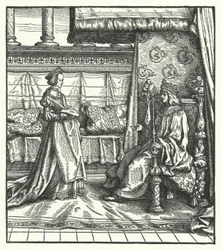 Karl den Djärve, hertig av Bourgogne, med sin dotter Maria, som senare gifte sig med den blivande helige romerske kejsaren Maximilian I 1477 (gravyr)