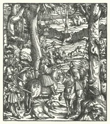 Maximilian I, romarnas kung, tar emot ett meddelande under jakt (gravyr)