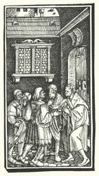 Träsnitt från De Remediis Giantum Fortunae (Remedies for Fortune Fair and Foul) av Petrarch (gravyr)