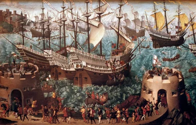 Ombordstigning av Henrik VIII (1491-1547) i Dover på galjonen Henri Grace a Dieu” med anledning av handeln undertecknad med Francois I (Camp du Drap d