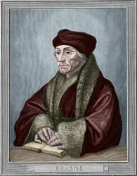 Porträtt av Didier Erasme (Erasmus av Rotterdam) (1469 - 1536), holländsk humanist. Gravyr efter originalet av Holbein Hans den unge (1497-1543). Gravyr av 1859 i "" gallerierna i Europa - Italien "" av armengaud. Privat samling.