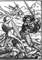 Hans Holbein den unges skendöd (1497-1543): soldaten. En soldat bekämpar döden; vid deras fötter ligger andra krigares kroppar. Gravyr.